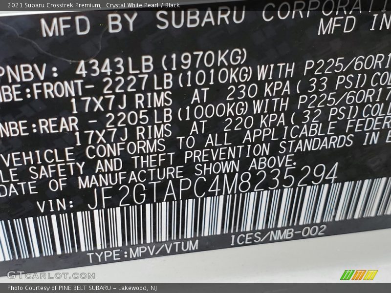 Crystal White Pearl / Black 2021 Subaru Crosstrek Premium