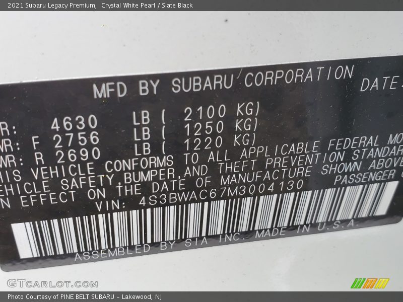 Crystal White Pearl / Slate Black 2021 Subaru Legacy Premium