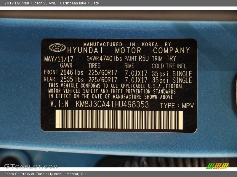 Caribbean Blue / Black 2017 Hyundai Tucson SE AWD