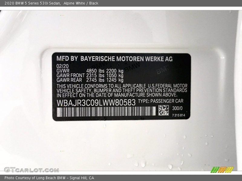 Alpine White / Black 2020 BMW 5 Series 530i Sedan