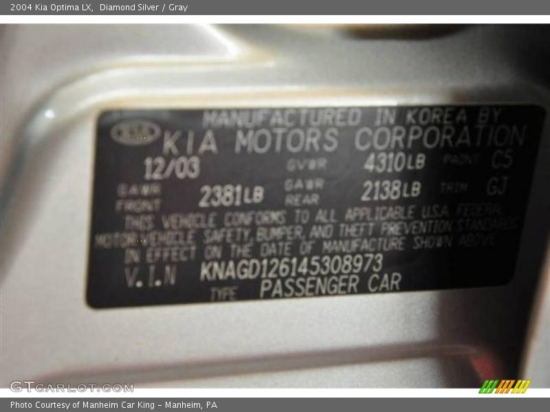 Diamond Silver / Gray 2004 Kia Optima LX