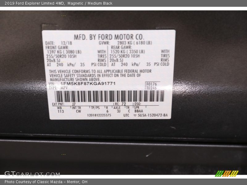 2019 Explorer Limited 4WD Magnetic Color Code J7