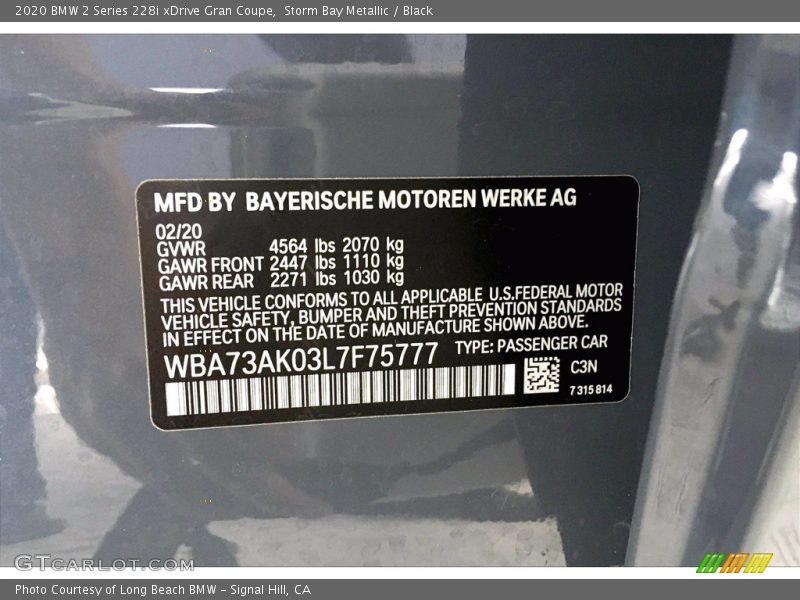 2020 2 Series 228i xDrive Gran Coupe Storm Bay Metallic Color Code C3N