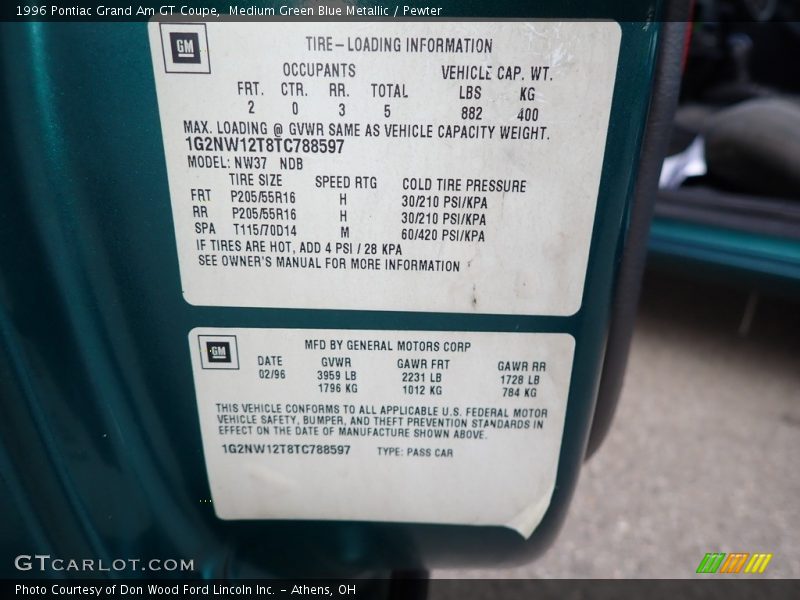 Medium Green Blue Metallic / Pewter 1996 Pontiac Grand Am GT Coupe
