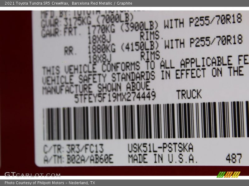 2021 Tundra SR5 CrewMax Barcelona Red Metallic Color Code 3R3