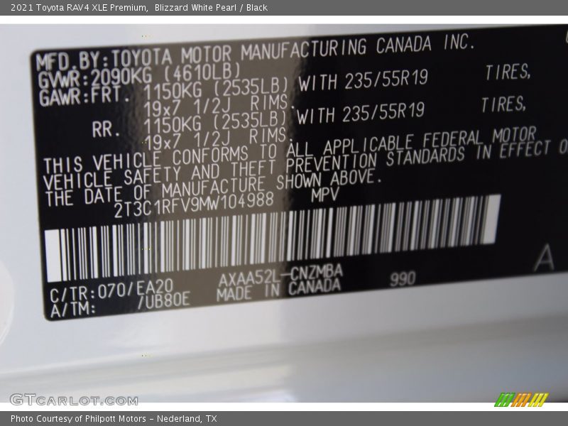 2021 RAV4 XLE Premium Blizzard White Pearl Color Code 070