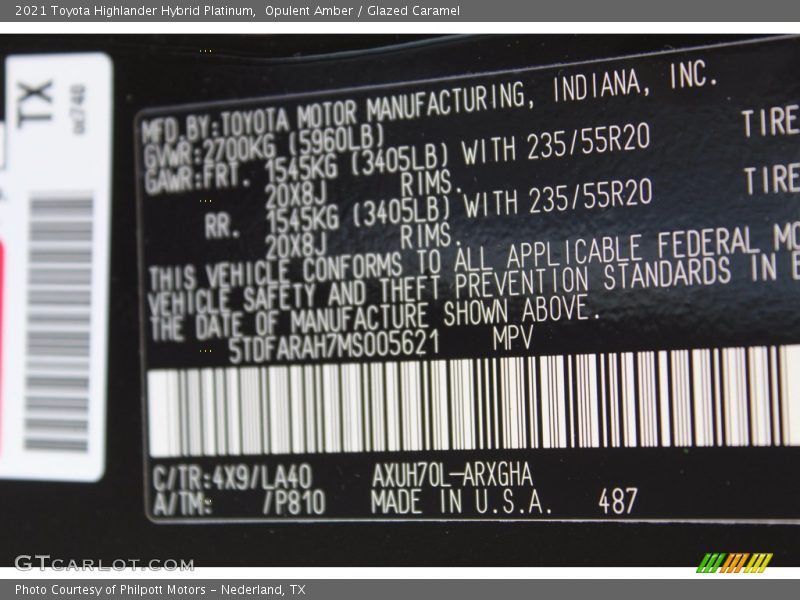 2021 Highlander Hybrid Platinum Opulent Amber Color Code 4X9