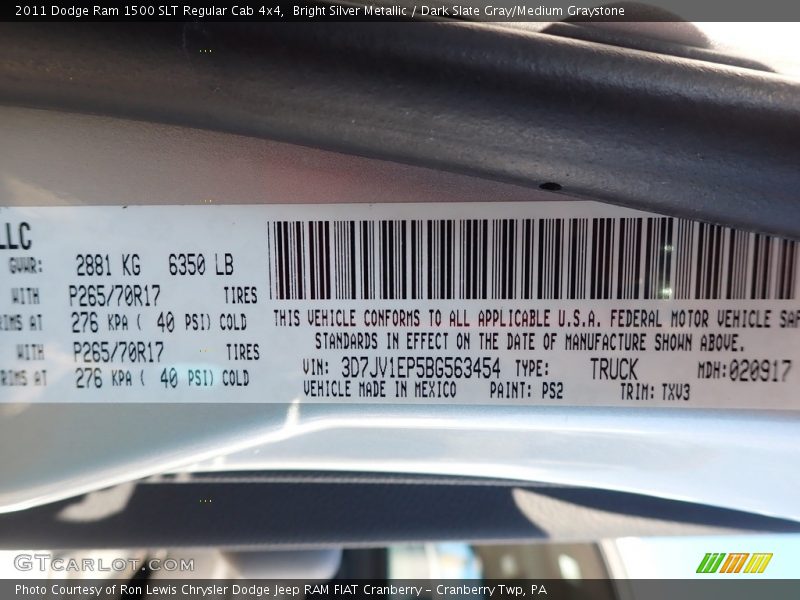 2011 Ram 1500 SLT Regular Cab 4x4 Bright Silver Metallic Color Code PS2