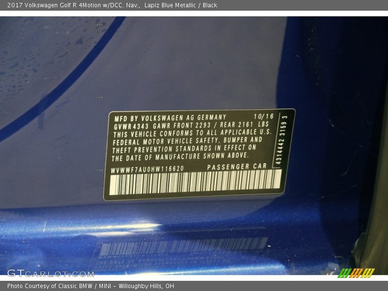 Lapiz Blue Metallic / Black 2017 Volkswagen Golf R 4Motion w/DCC. Nav.
