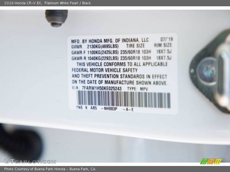 Platinum White Pearl / Black 2019 Honda CR-V EX