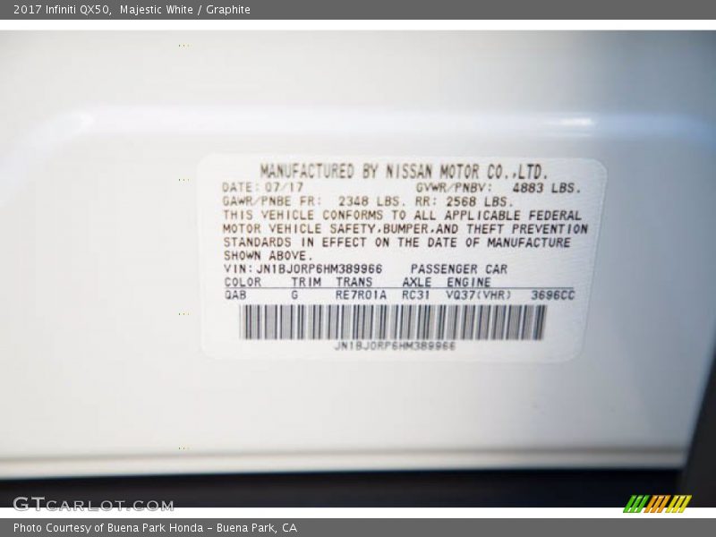 2017 QX50  Majestic White Color Code QAB