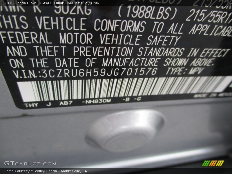 Lunar Silver Metallic / Gray 2018 Honda HR-V EX AWD