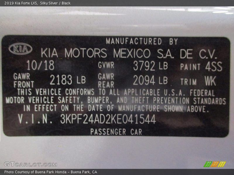Silky Silver / Black 2019 Kia Forte LXS
