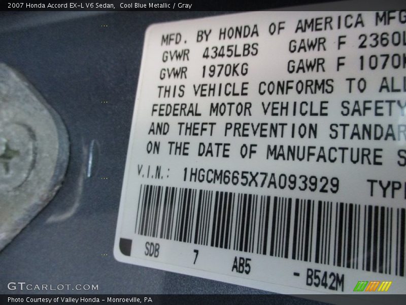 Cool Blue Metallic / Gray 2007 Honda Accord EX-L V6 Sedan