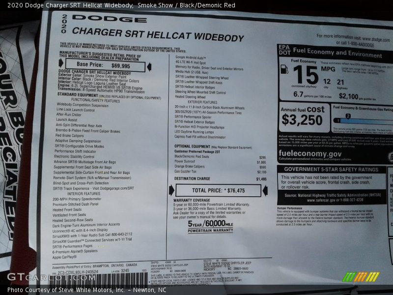  2020 Charger SRT Hellcat Widebody Window Sticker