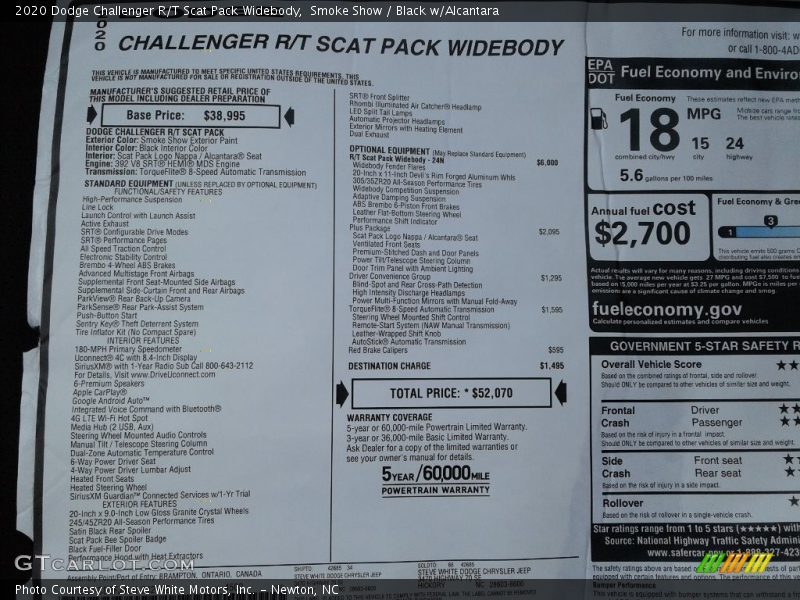  2020 Challenger R/T Scat Pack Widebody Window Sticker