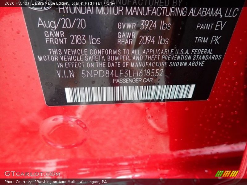 Scarlet Red Pearl / Gray 2020 Hyundai Elantra Value Edition