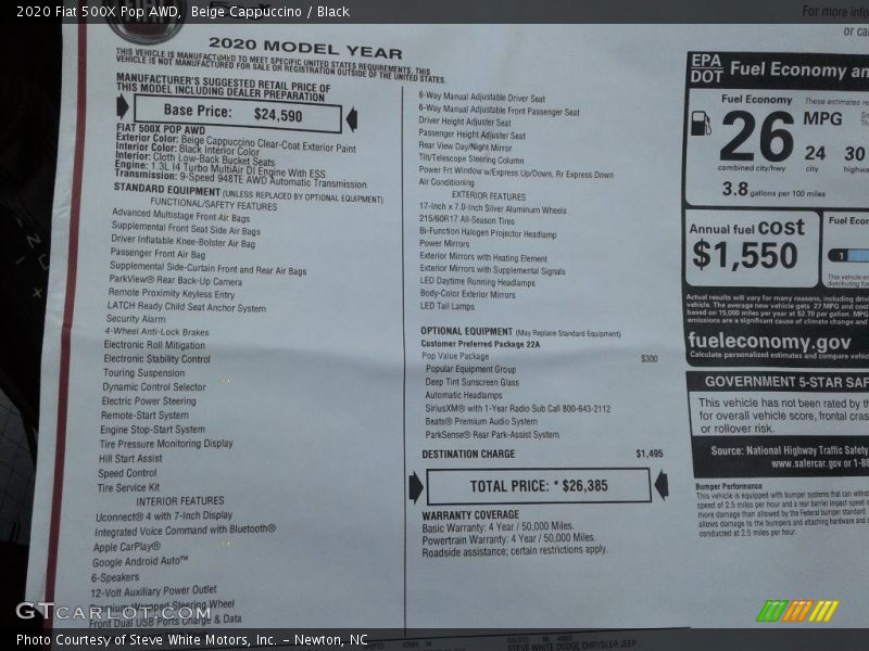  2020 500X Pop AWD Window Sticker