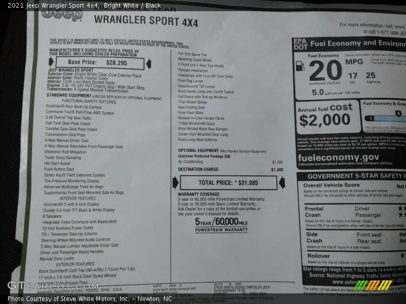  2021 Wrangler Sport 4x4 Window Sticker