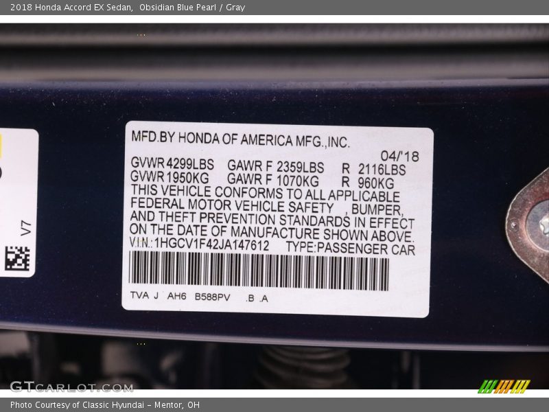 Obsidian Blue Pearl / Gray 2018 Honda Accord EX Sedan