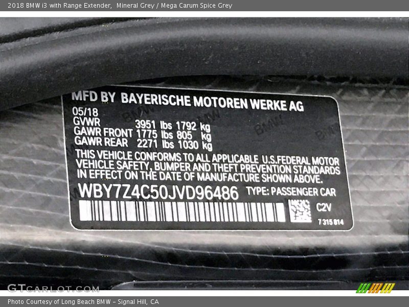 Mineral Grey / Mega Carum Spice Grey 2018 BMW i3 with Range Extender