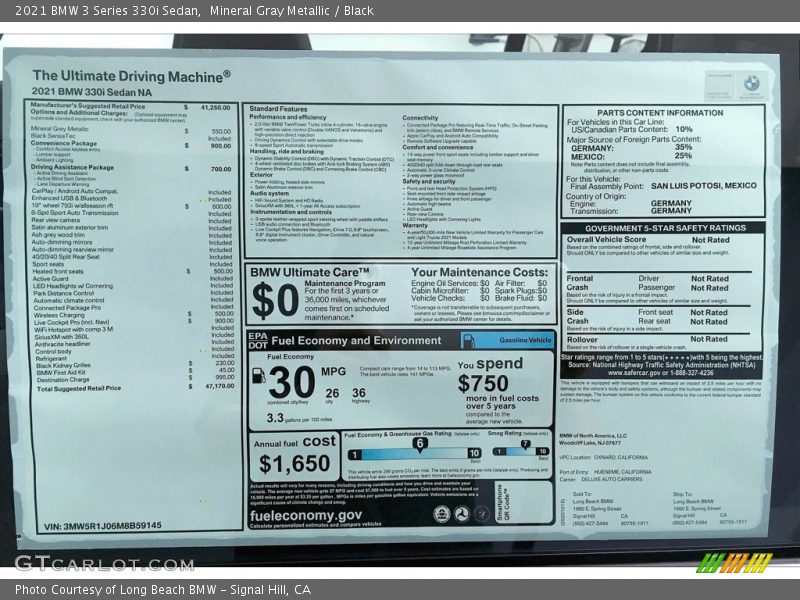  2021 3 Series 330i Sedan Window Sticker