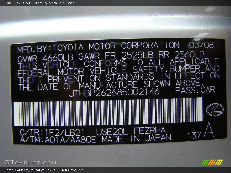 Mercury Metallic / Black 2008 Lexus IS F