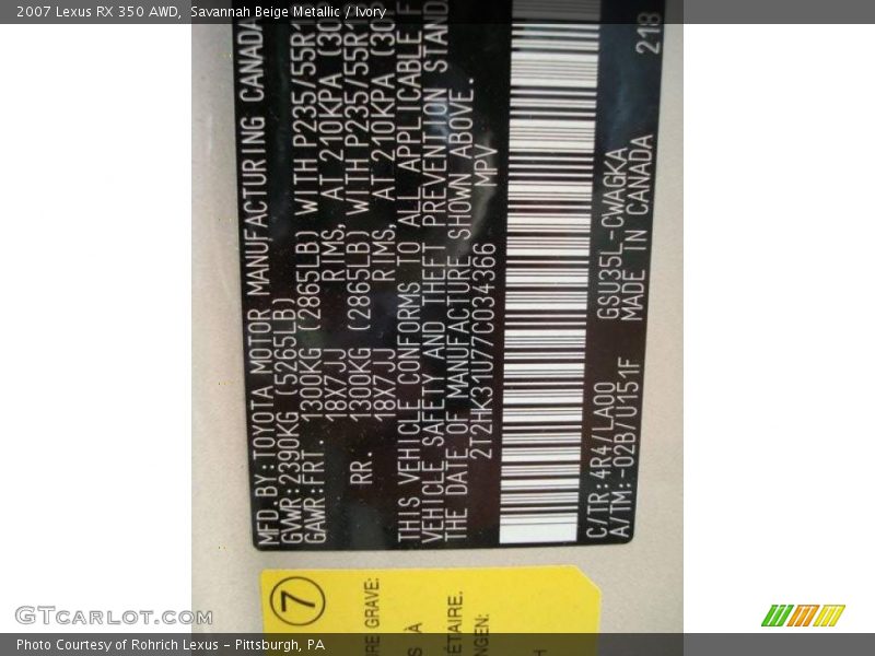 Savannah Beige Metallic / Ivory 2007 Lexus RX 350 AWD