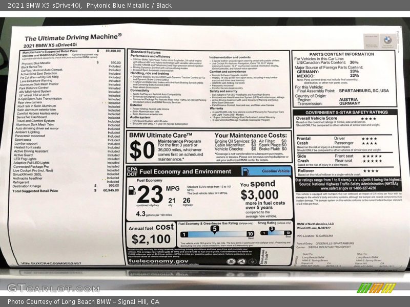  2021 X5 sDrive40i Window Sticker