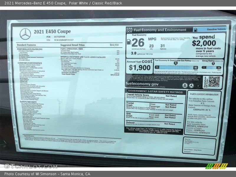  2021 E 450 Coupe Window Sticker
