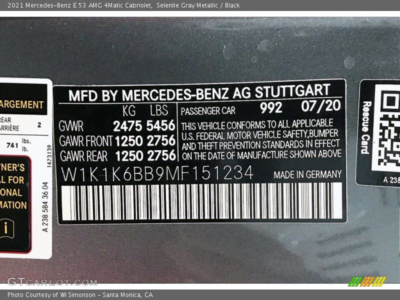 2021 E 53 AMG 4Matic Cabriolet Selenite Gray Metallic Color Code 992