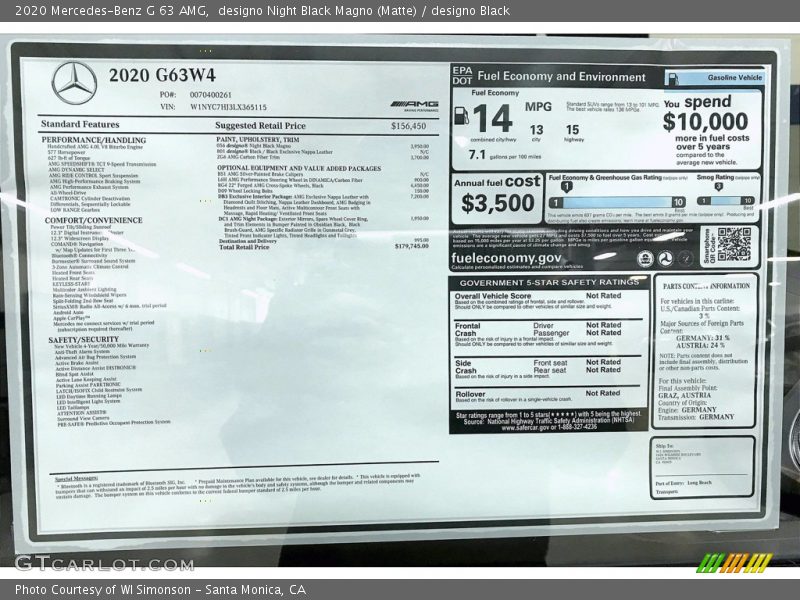  2020 G 63 AMG Window Sticker