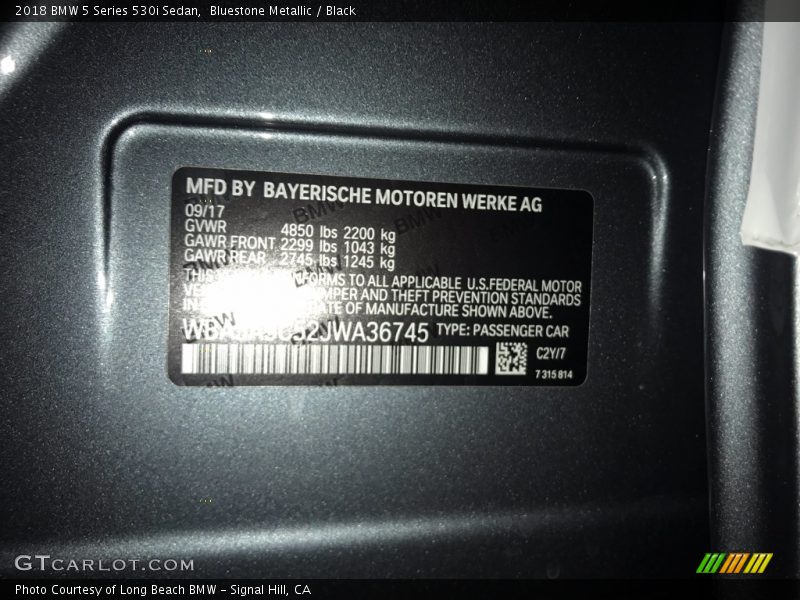 Bluestone Metallic / Black 2018 BMW 5 Series 530i Sedan