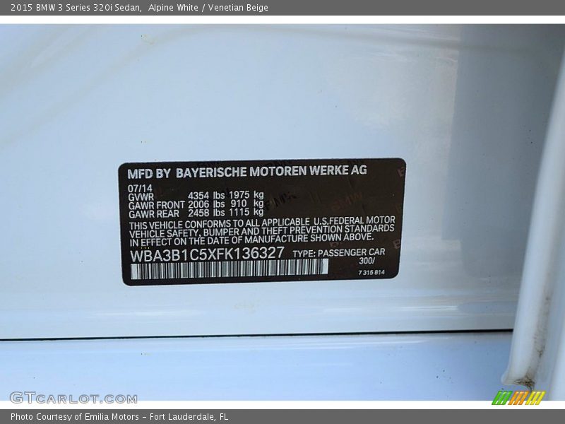 2015 3 Series 320i Sedan Alpine White Color Code 300