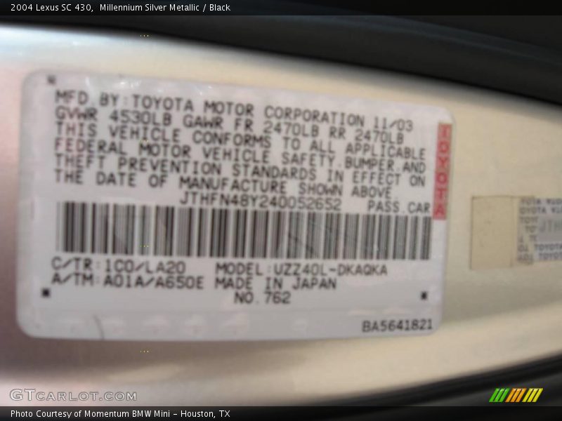 Millennium Silver Metallic / Black 2004 Lexus SC 430