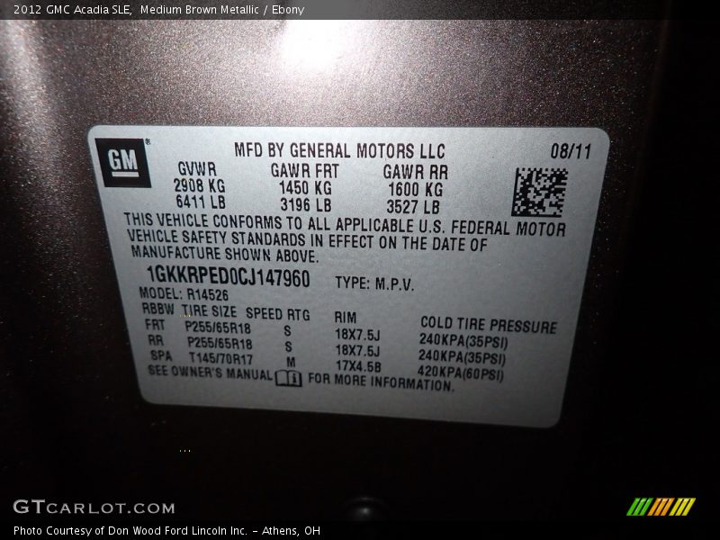 Medium Brown Metallic / Ebony 2012 GMC Acadia SLE