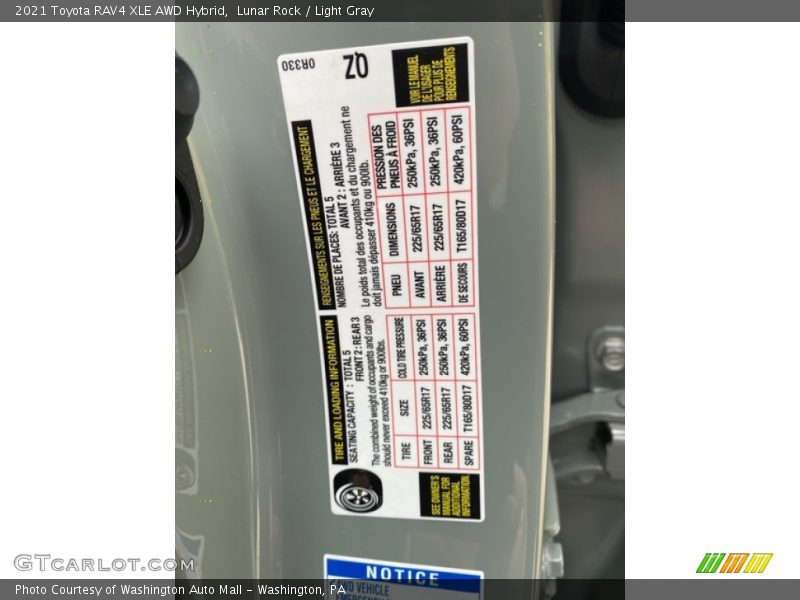 Info Tag of 2021 RAV4 XLE AWD Hybrid