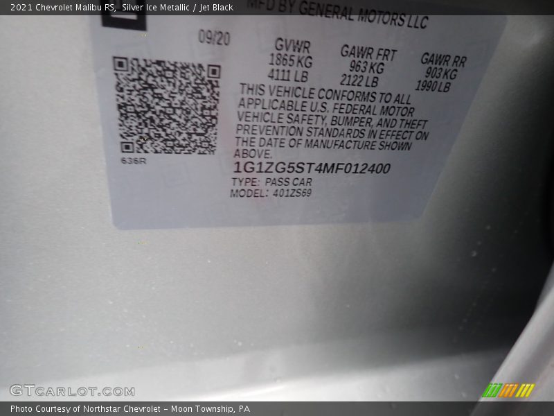 Silver Ice Metallic / Jet Black 2021 Chevrolet Malibu RS