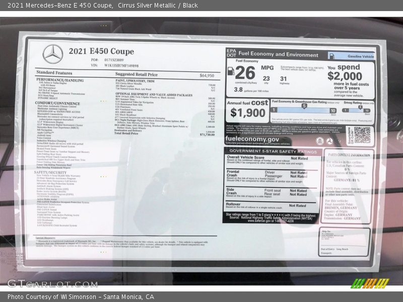  2021 E 450 Coupe Window Sticker