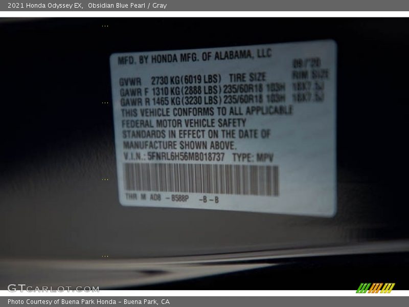 Obsidian Blue Pearl / Gray 2021 Honda Odyssey EX