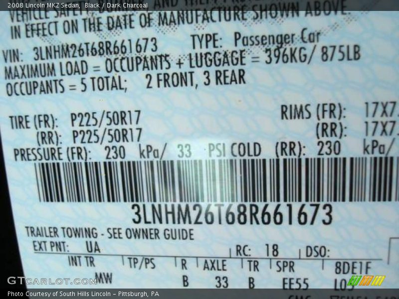 Black / Dark Charcoal 2008 Lincoln MKZ Sedan