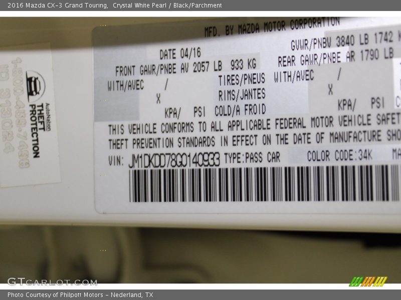 2016 CX-3 Grand Touring Crystal White Pearl Color Code 34K