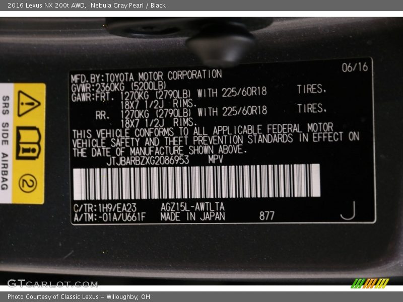 2016 NX 200t AWD Nebula Gray Pearl Color Code 1H9
