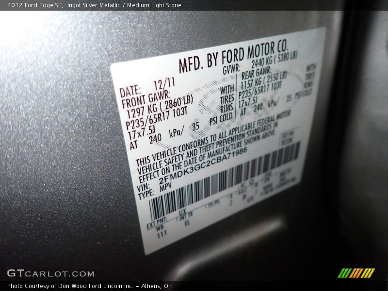 Ingot Silver Metallic / Medium Light Stone 2012 Ford Edge SE