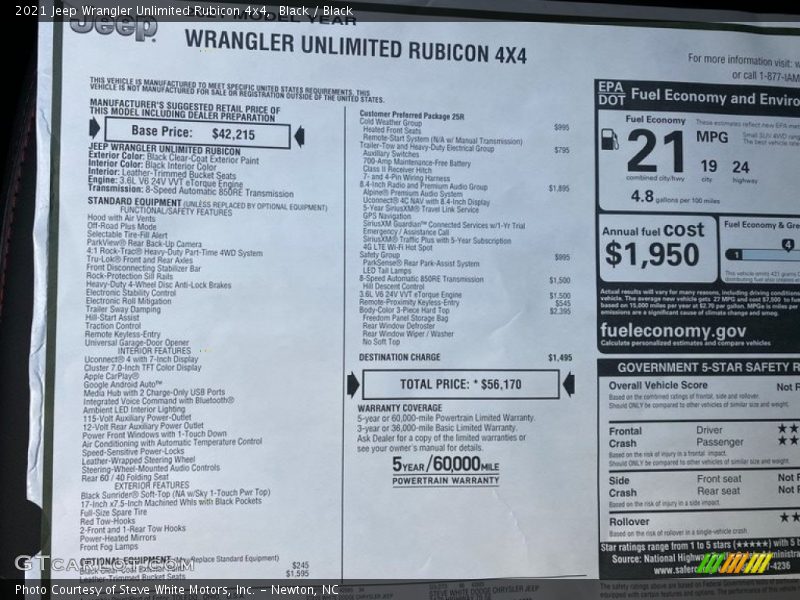  2021 Wrangler Unlimited Rubicon 4x4 Window Sticker
