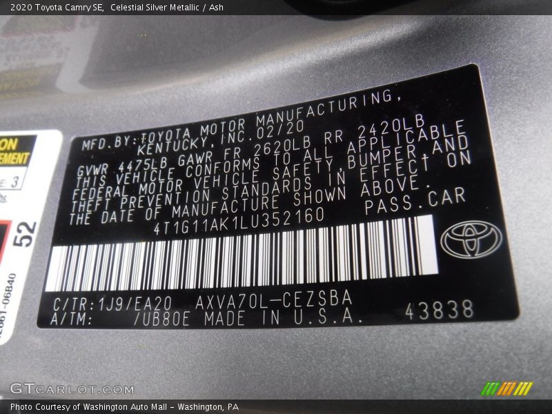 Celestial Silver Metallic / Ash 2020 Toyota Camry SE