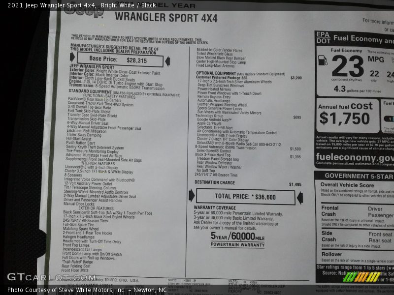 Bright White / Black 2021 Jeep Wrangler Sport 4x4