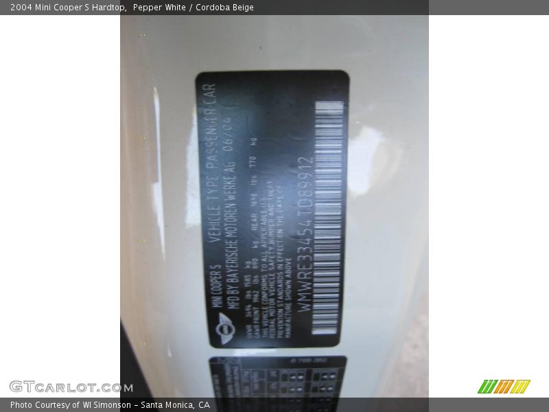 Pepper White / Cordoba Beige 2004 Mini Cooper S Hardtop