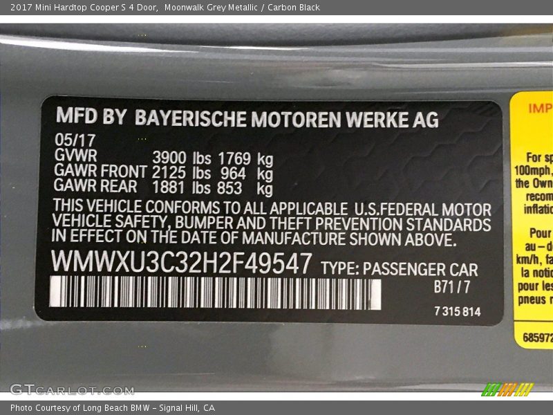 Moonwalk Grey Metallic / Carbon Black 2017 Mini Hardtop Cooper S 4 Door