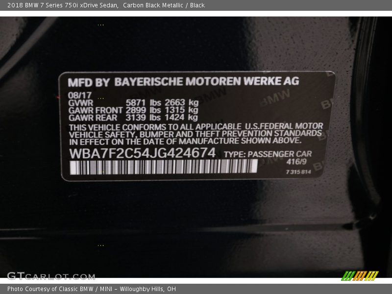 2018 7 Series 750i xDrive Sedan Carbon Black Metallic Color Code 416